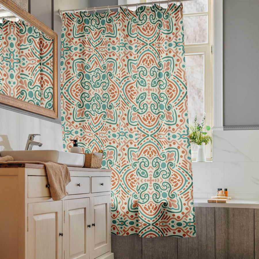 Teal Scroll Tile Shower Curtain mockup 1