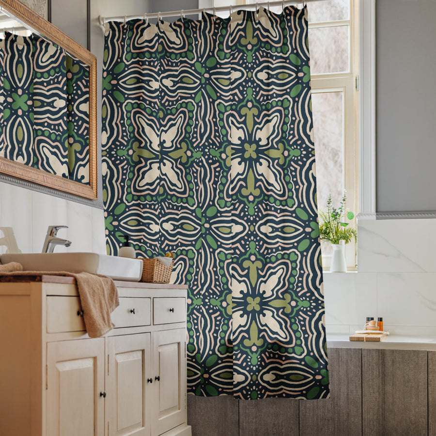 Midnight Folk Tile Shower Curtain mockup 1