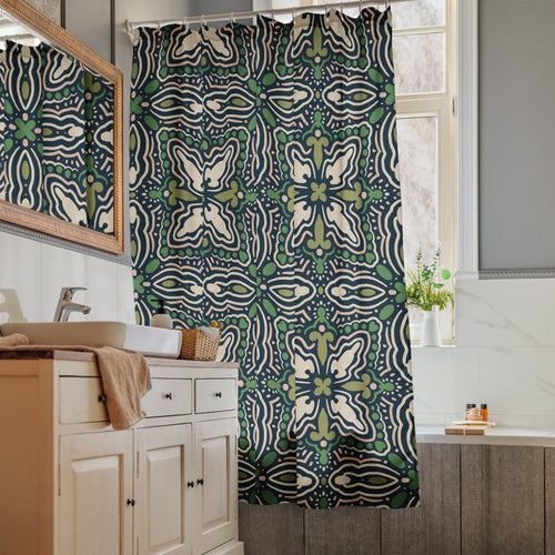 Midnight Folk Tile Shower Curtain mockup 1 pattern preview
