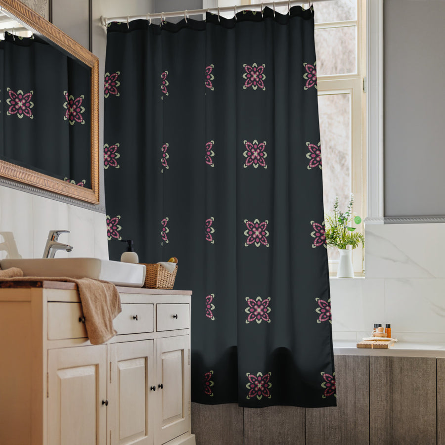 Pink Dot Flower Shower Curtain mockup 1