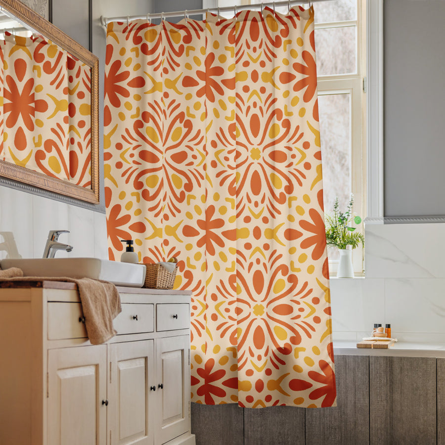 Tangerine Folk Shower Curtain mockup 1