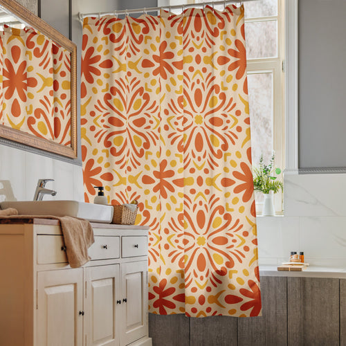 Tangerine Folk Shower Curtain mockup 1 pattern preview