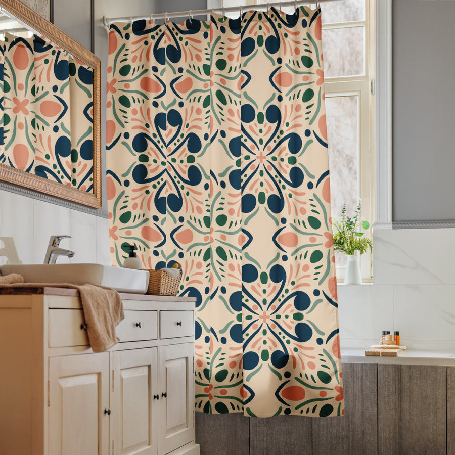 Garden Navy Shower Curtain mockup 1