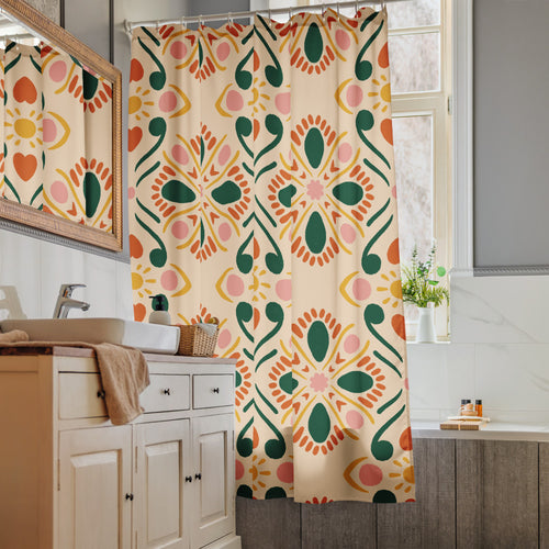 Sunheart Tile Shower Curtain mockup 1 pattern preview