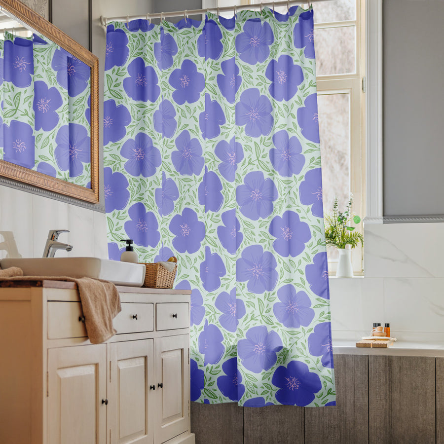 Periwinkle Poppy Vine Shower Curtain mockup 1