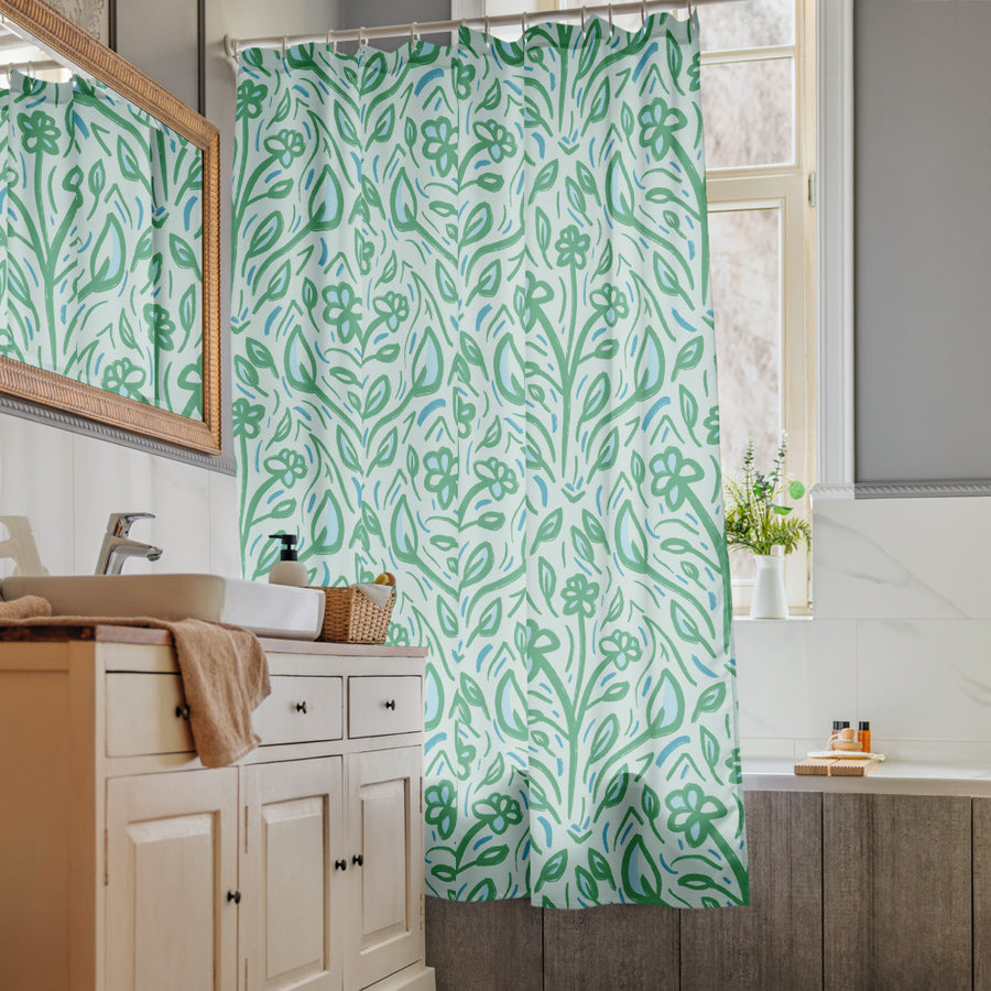 Teal Vine Damask Shower Curtain mockup 1