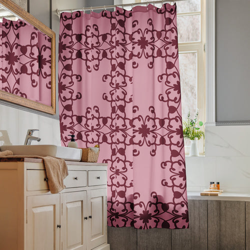 Crimson Scrollwork Shower Curtain mockup 1 pattern preview
