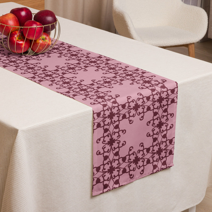 Crimson Scrollwork Table Runner mockup 1