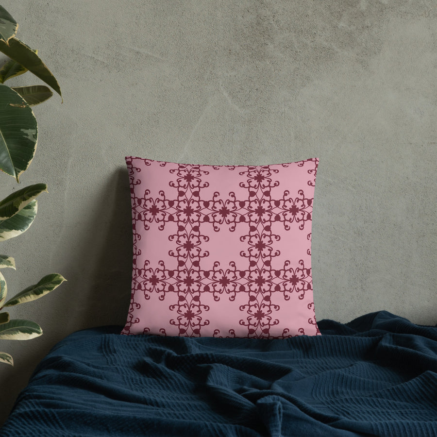 Crimson Scrollwork Throw Pillow mockup 1