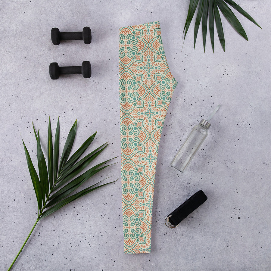Teal Scroll Tile AOP Leggings mockup 1
