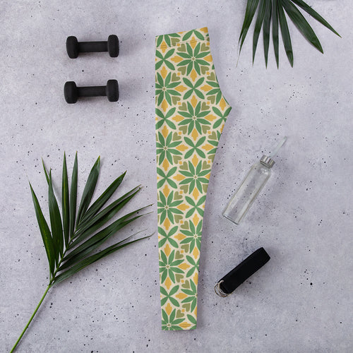 Green Petal Tile AOP Leggings mockup 1 pattern preview