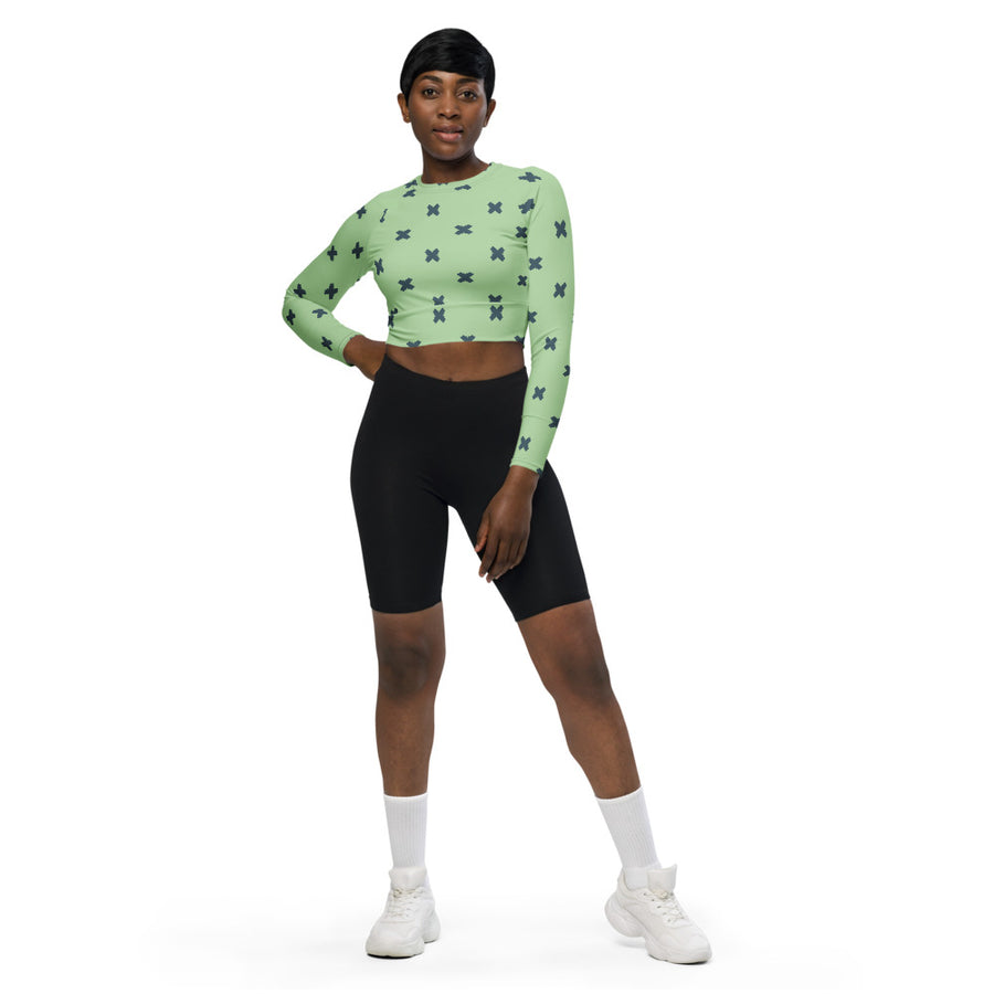 Coachella Butterfly Mint AOP Recycled Long Sleeve Crop Top mockup 1