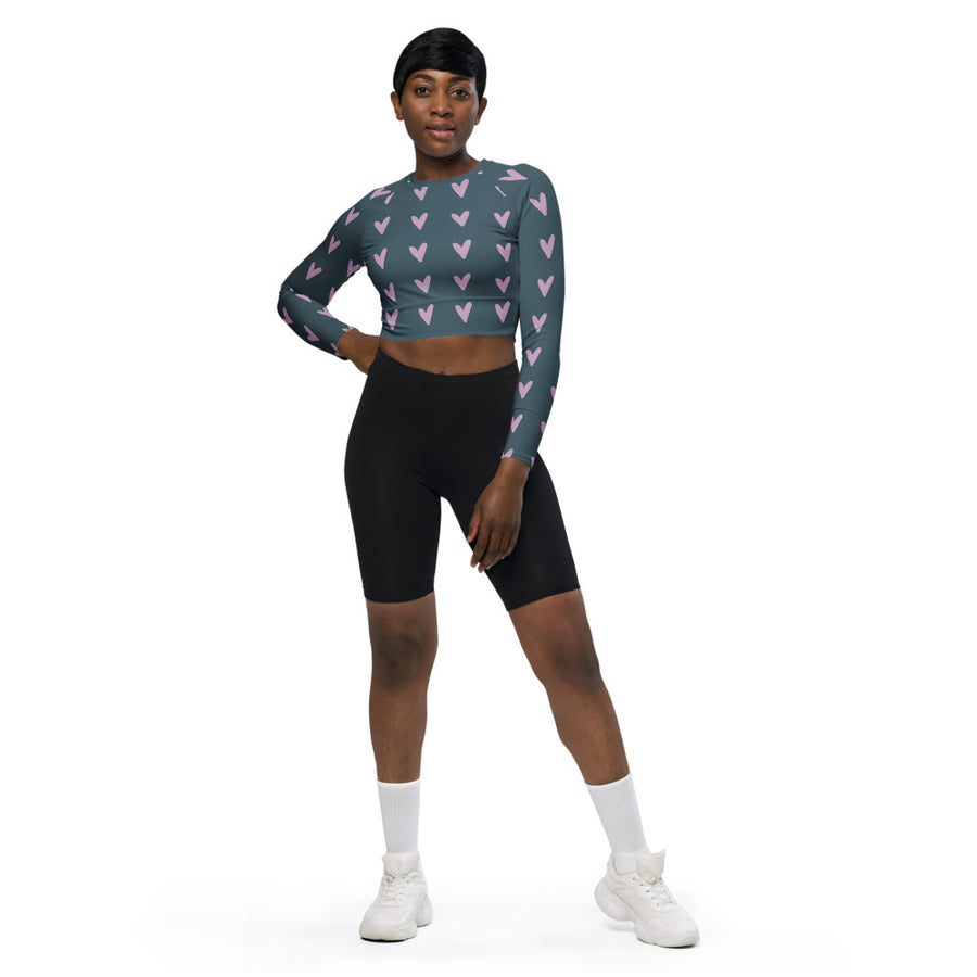 Coachella Puppy Love Slate Lavender AOP Recycled Long Sleeve Crop Top mockup 1