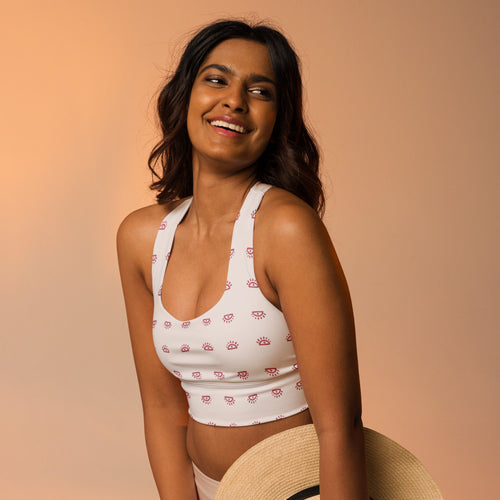 Alison Eyes On It AOP Longline Sports Bra mockup 7 pattern preview