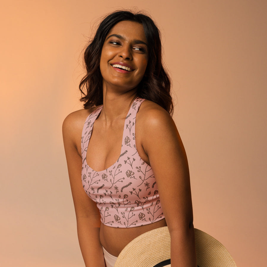 Mocha Sprig AOP Longline Sports Bra mockup 1