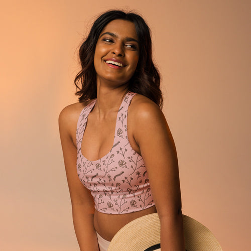 Mocha Sprig AOP Longline Sports Bra mockup 1 pattern preview
