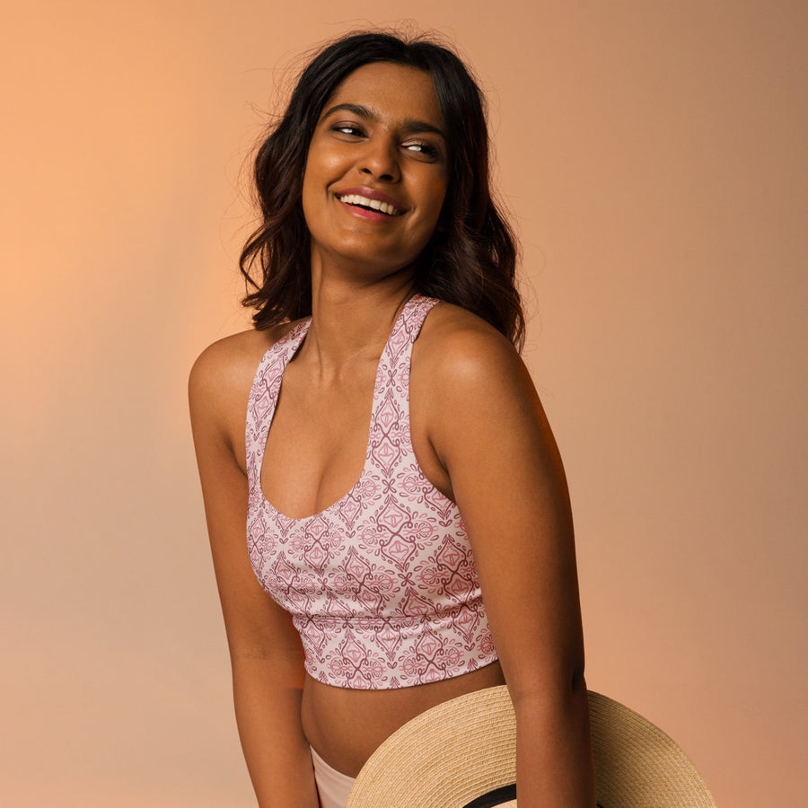 Rose Damask AOP Longline Sports Bra mockup 1