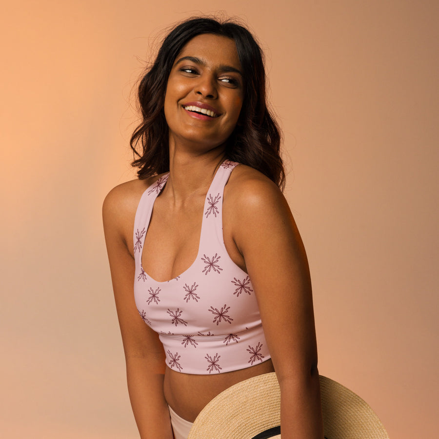 Blossom Tile AOP Longline Sports Bra mockup 1