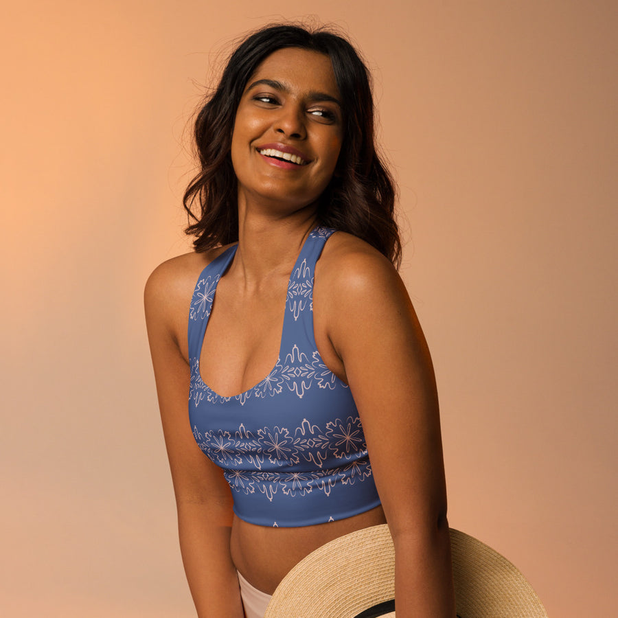 Leaf Damask AOP Longline Sports Bra mockup 1