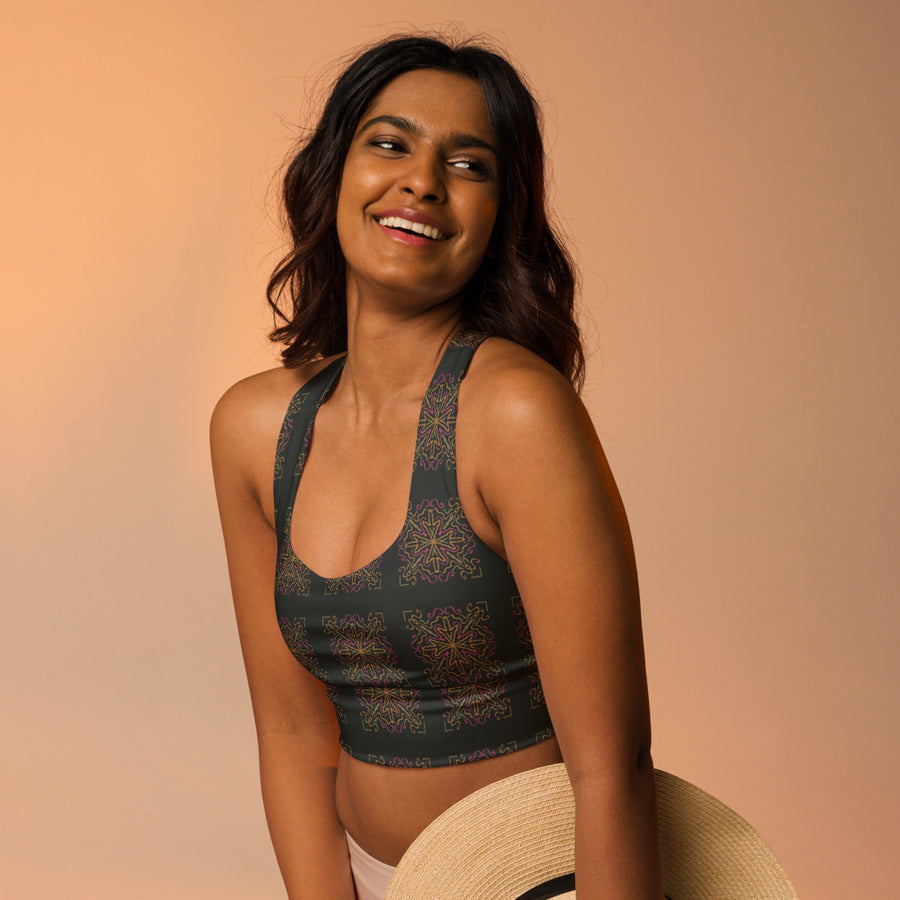 Disco Scrollwork AOP Longline Sports Bra mockup 1