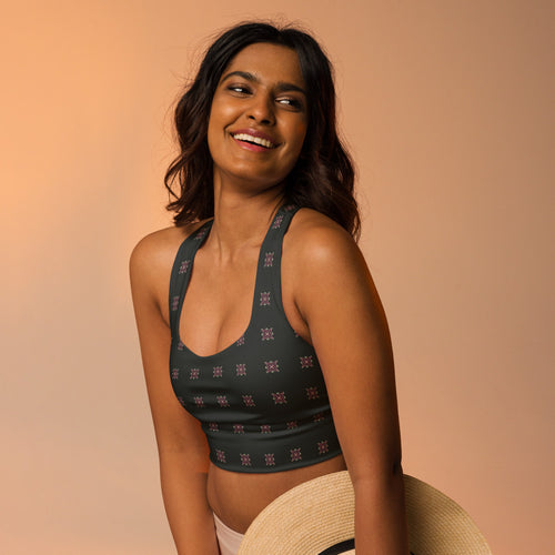 Pink Dot Flower AOP Longline Sports Bra mockup 1 pattern preview
