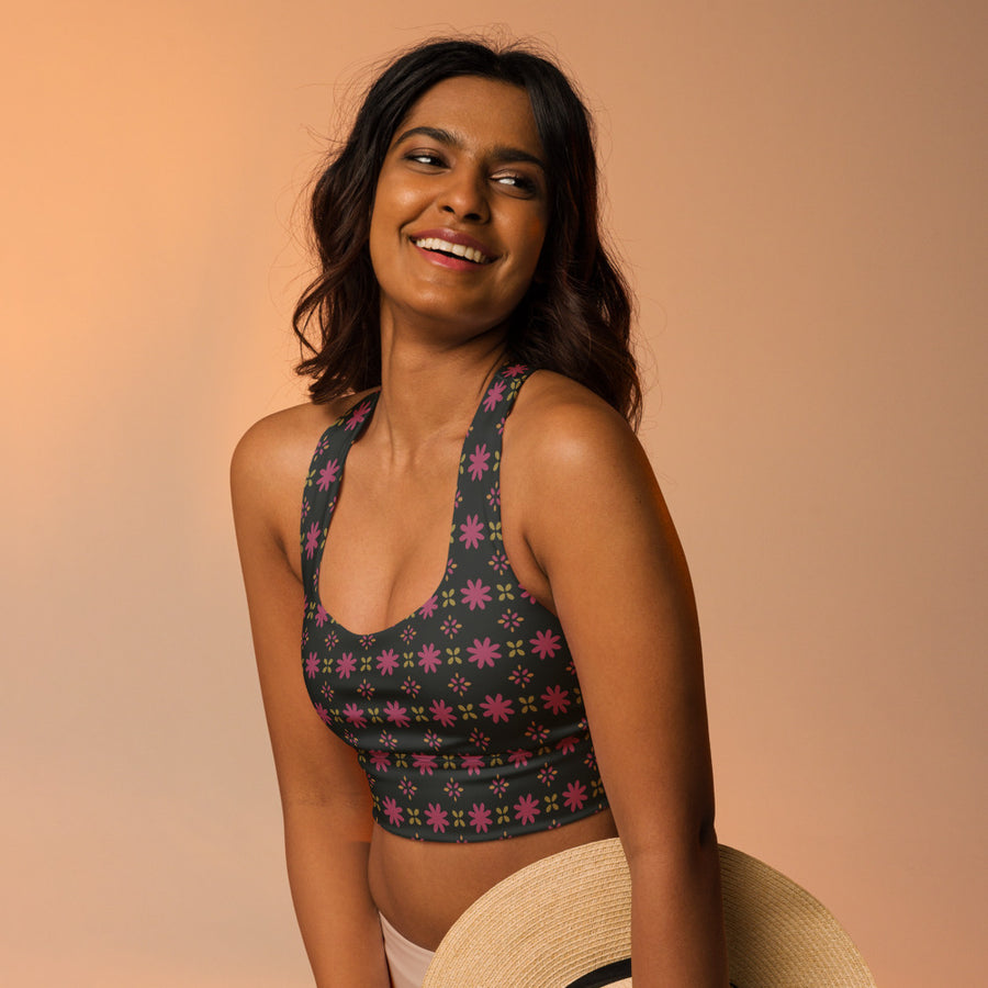 Disco Petal Scatter AOP Longline Sports Bra mockup 1