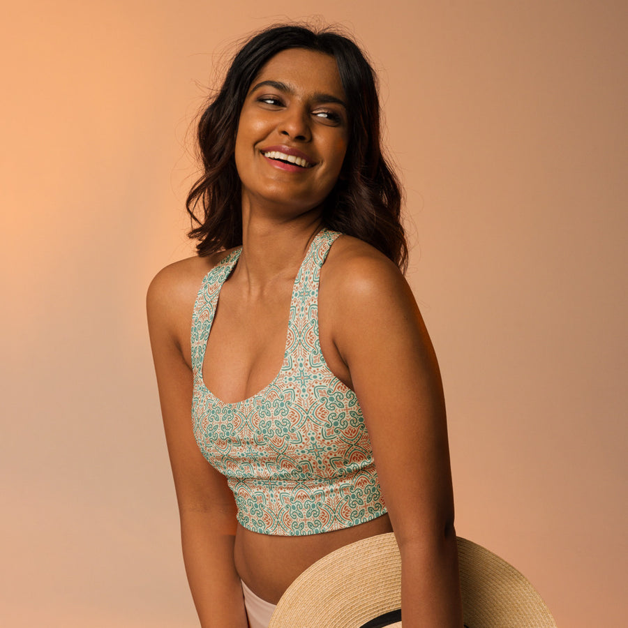 Teal Scroll Tile AOP Longline Sports Bra mockup 1