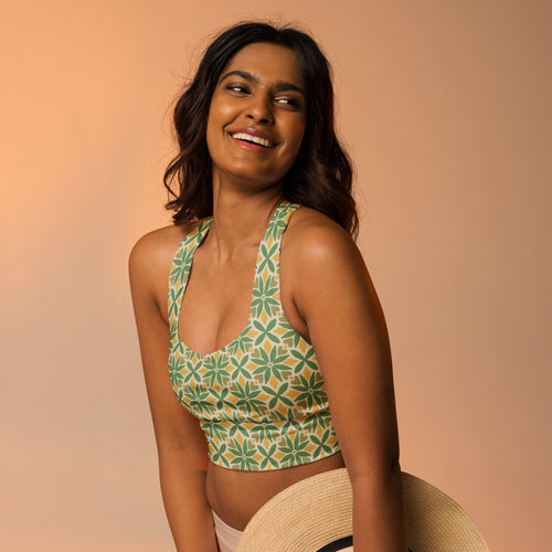 Green Petal Tile AOP Longline Sports Bra mockup 1 pattern preview
