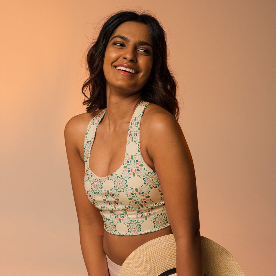 Rose Garden Tile AOP Longline Sports Bra mockup 1