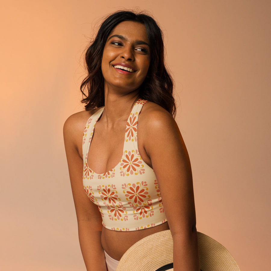 Folk Daisy AOP Longline Sports Bra mockup 1