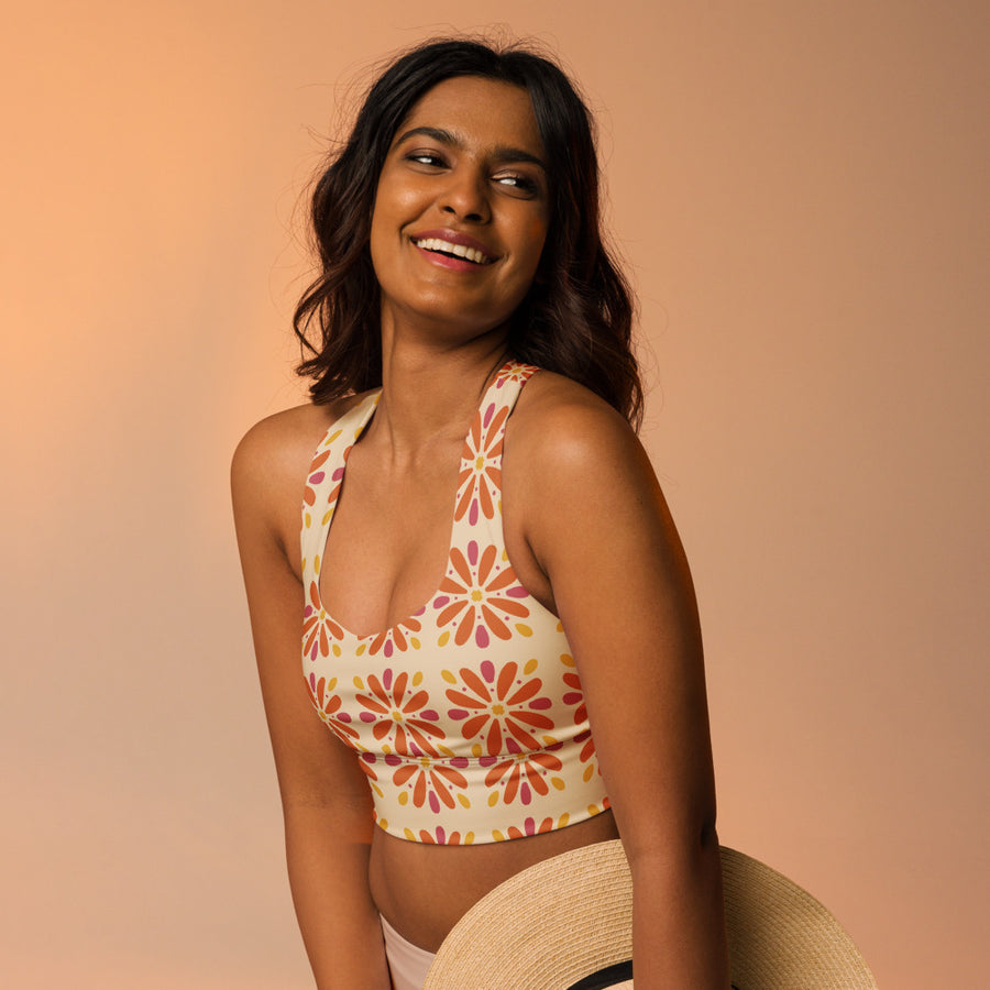Sunburst Daisy AOP Longline Sports Bra mockup 1