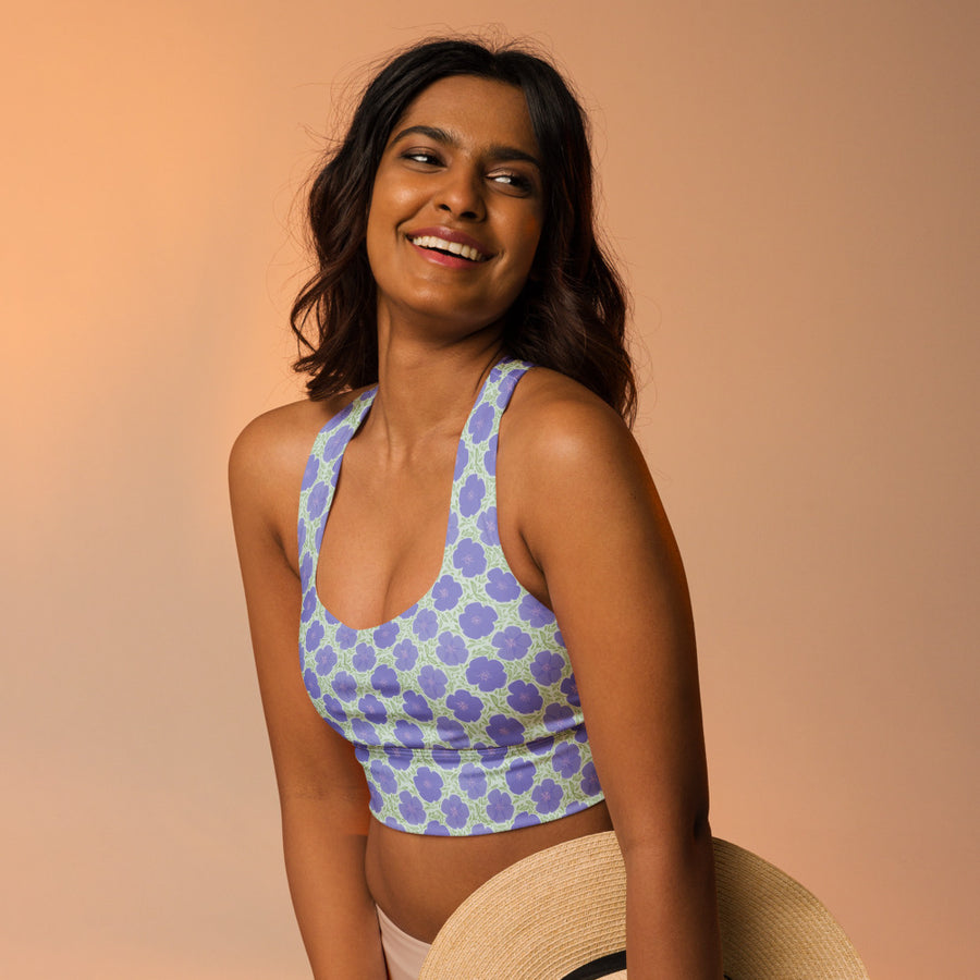 Periwinkle Poppy Vine AOP Longline Sports Bra mockup 1