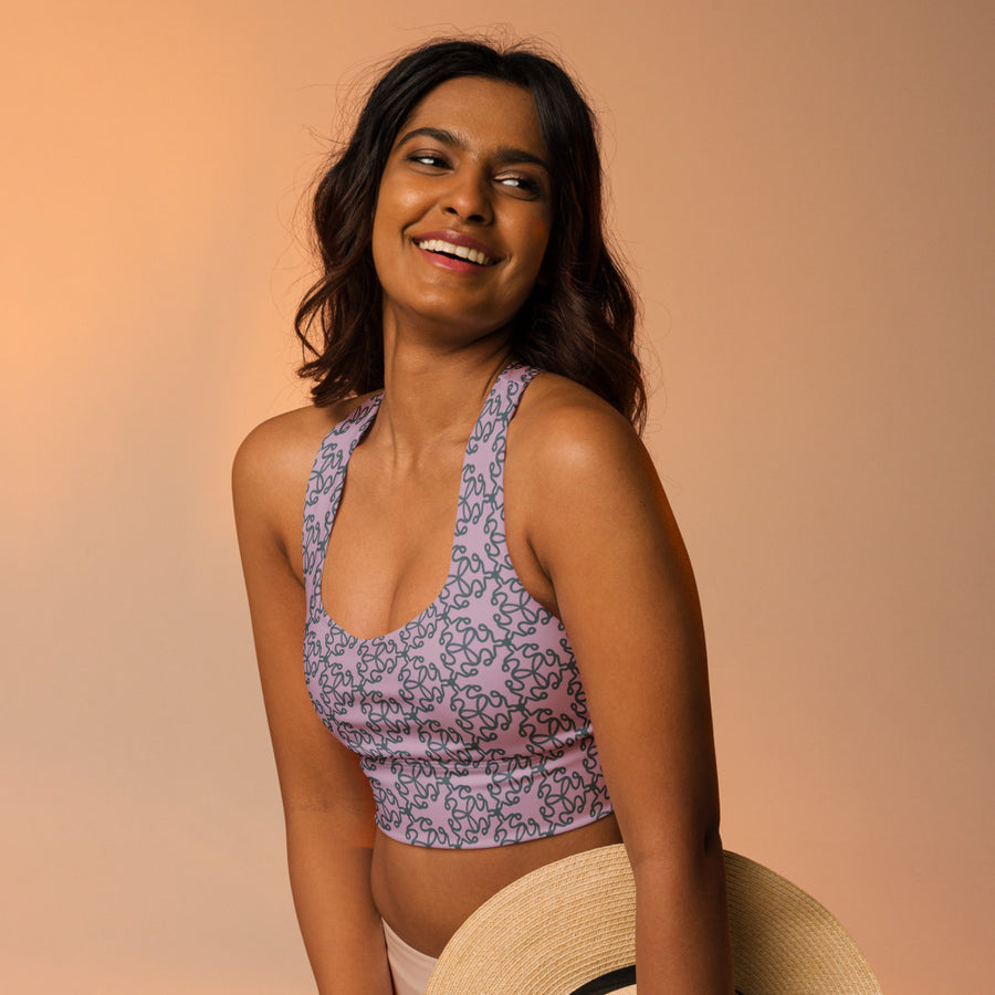 Coachella We Are One Lavender AOP Longline Sports Bra mockup 1