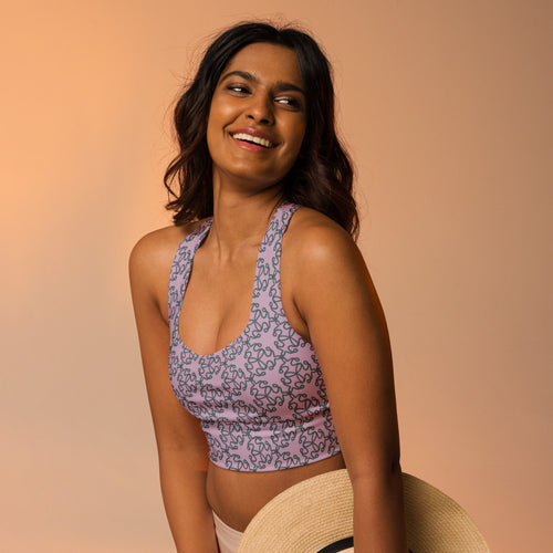 Coachella We Are One Lavender AOP Longline Sports Bra mockup 1 pattern preview