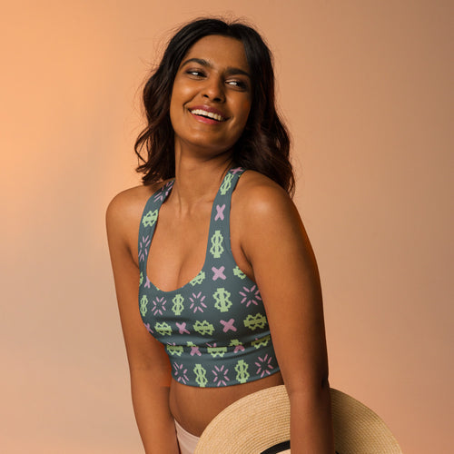 Coachella Stitches AOP Longline Sports Bra mockup 1 pattern preview