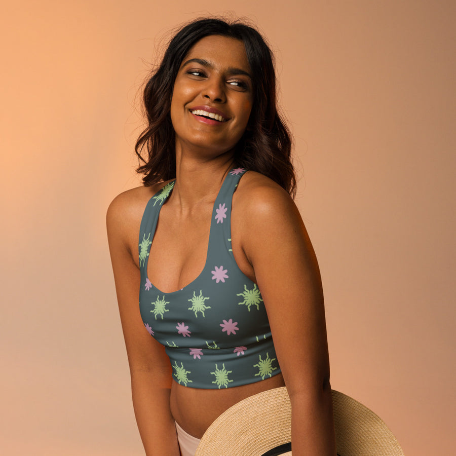 Coachella Sun And Flowers AOP Longline Sports Bra mockup 1