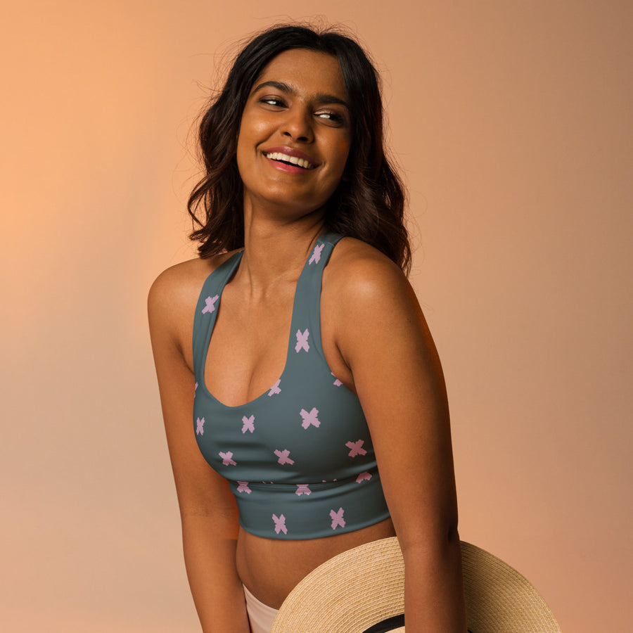 Coachella Butterfly Slate Lavender AOP Longline Sports Bra mockup 1