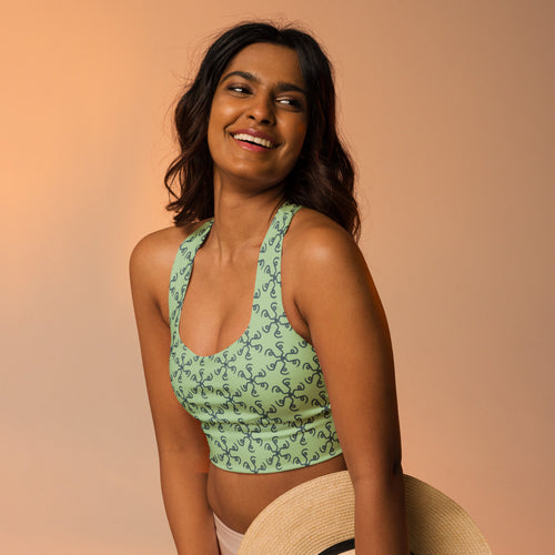 Coachella Spin Out Mint AOP Longline Sports Bra mockup 1 pattern preview