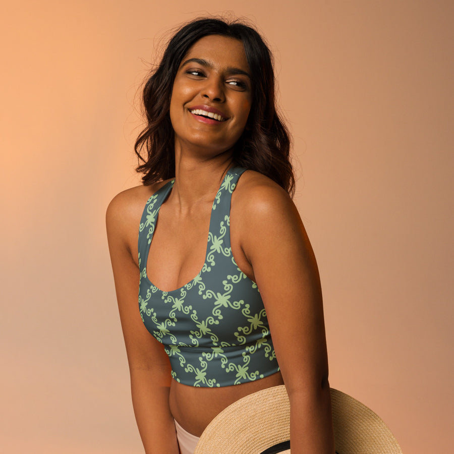 Coachella Wild Ones Slate Mint AOP Longline Sports Bra mockup 1