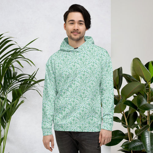 Teal Vine Damask AOP Hoodie mockup 1 pattern preview