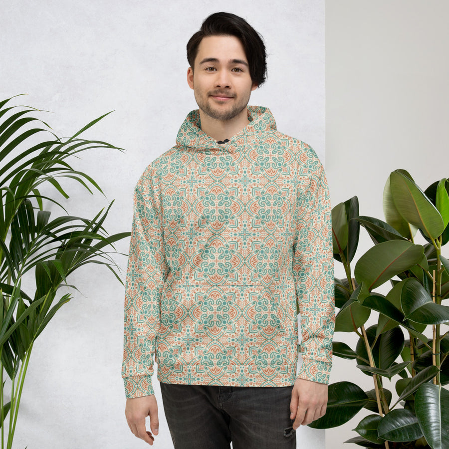 Teal Scroll Tile AOP Hoodie mockup 1