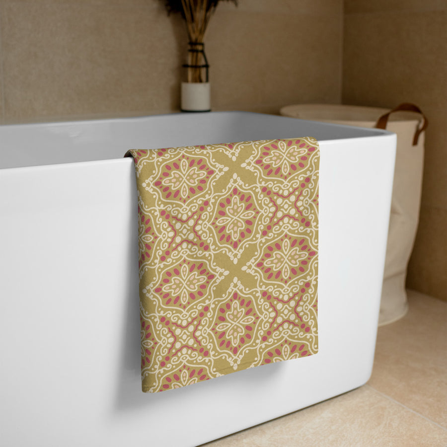 Golden Damask Tile Beach Towel mockup 1