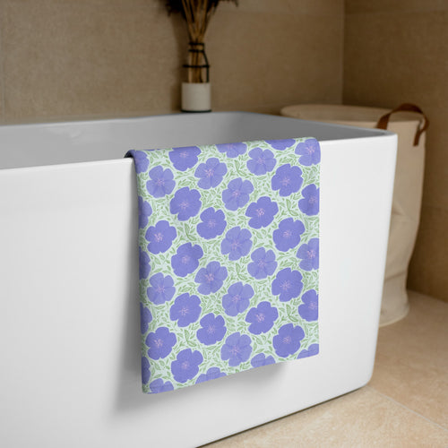 Periwinkle Poppy Vine Beach Towel mockup 1 pattern preview
