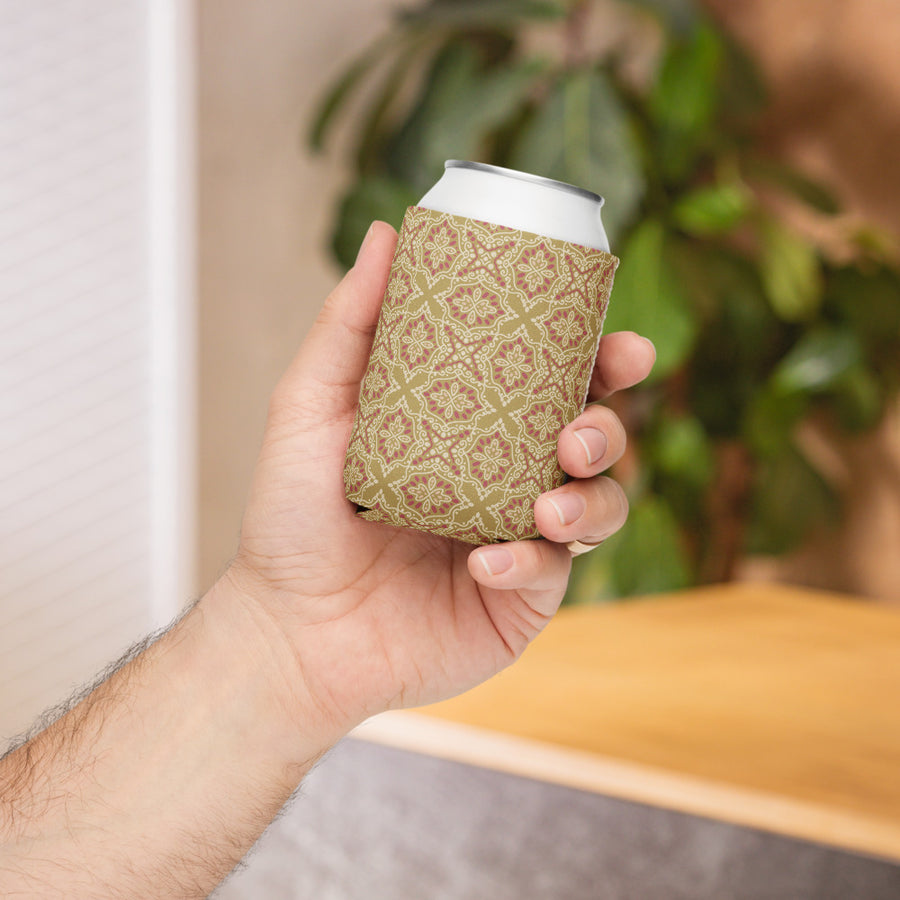 Golden Damask Tile Can Cooler mockup 1