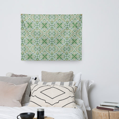 Mint Folk Wall Tapestry mockup 1 pattern preview