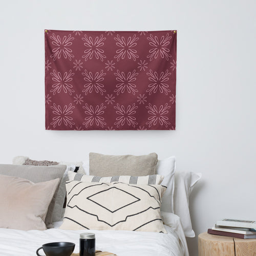 Burgundy Daisy Wall Tapestry mockup 1 pattern preview