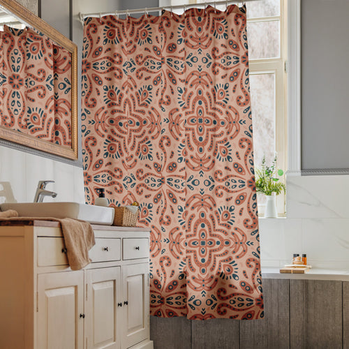 Terracotta Navy Tile Shower Curtain mockup 1 pattern preview
