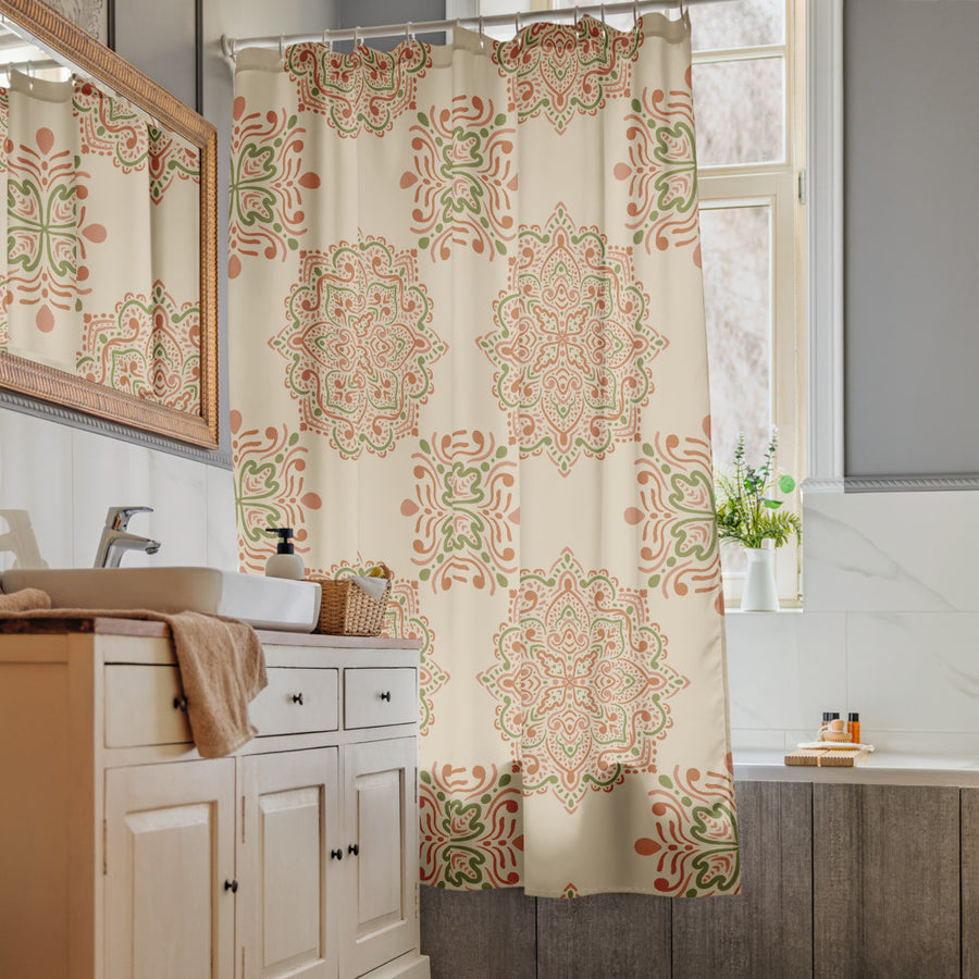 Peach Paisley Tile Shower Curtain mockup 1
