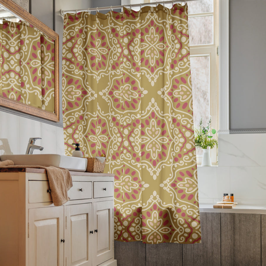 Golden Damask Tile Shower Curtain mockup 1