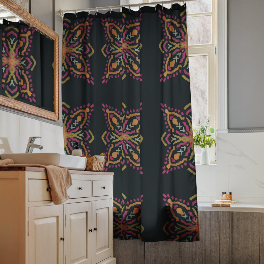 Golden Ikat Star Shower Curtain mockup 1